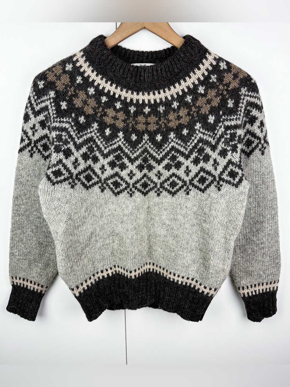 Woolrich 100% Wool Fair Isle Vintage Crew Neck Sweater Nordic Brown Grey Medium